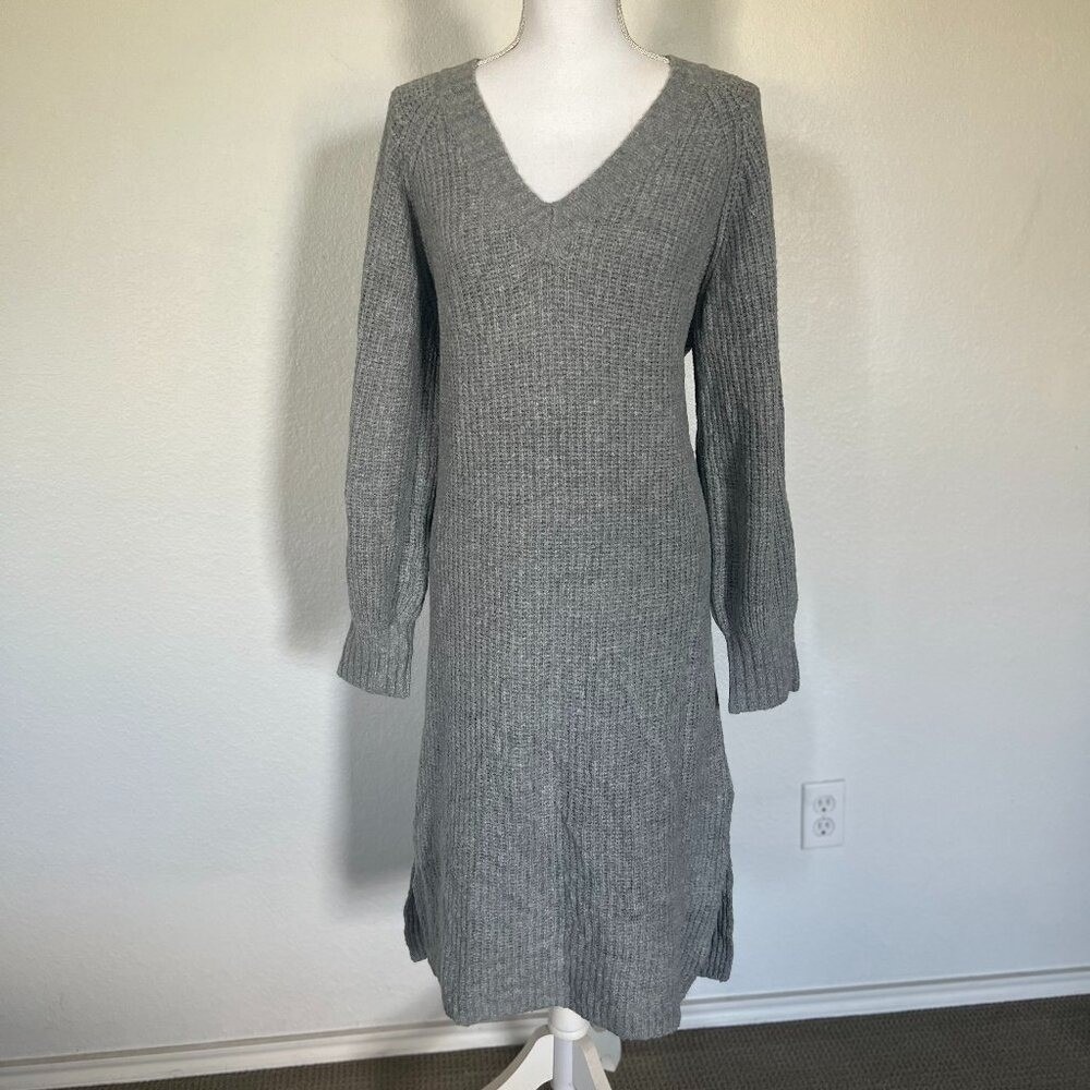 UpWest Sweater Dress Large Gray V-Neck Midi Recycled Cotton Wool Blend NWT